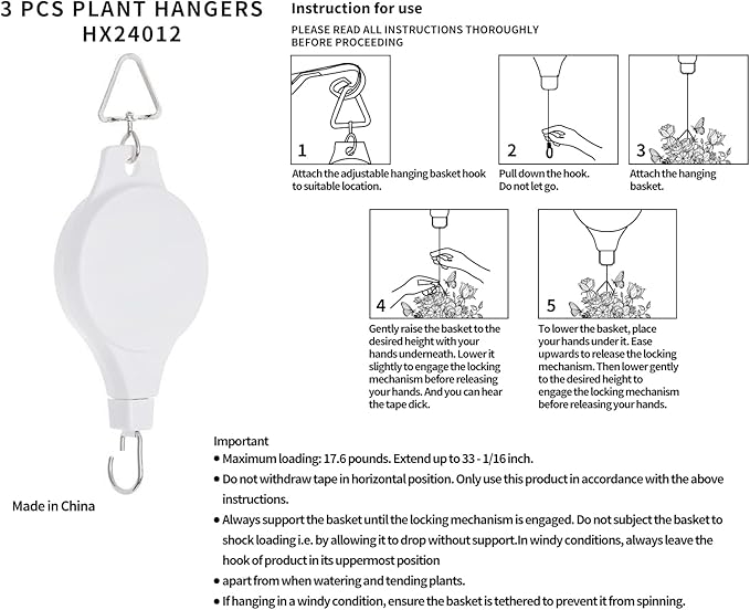 3Pcs Retractable Plant Hanger - Upgrade Plant Pulleys for Hanging Plants, Easy to Raise and Lower, Suitable for Garden Flower Pots, Hanging Planter, Bird Feeder (3Pcs-White) HOGXUAE