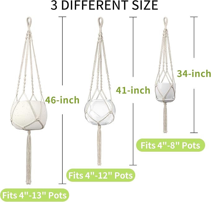 Macrame Plant Hanger - Fits 4 to 13 inches Pots for Indoor Outdoor, 34"/41"/46" 3 Sizes Set, Ivory (POTS NOT Included) IDEEEPAN