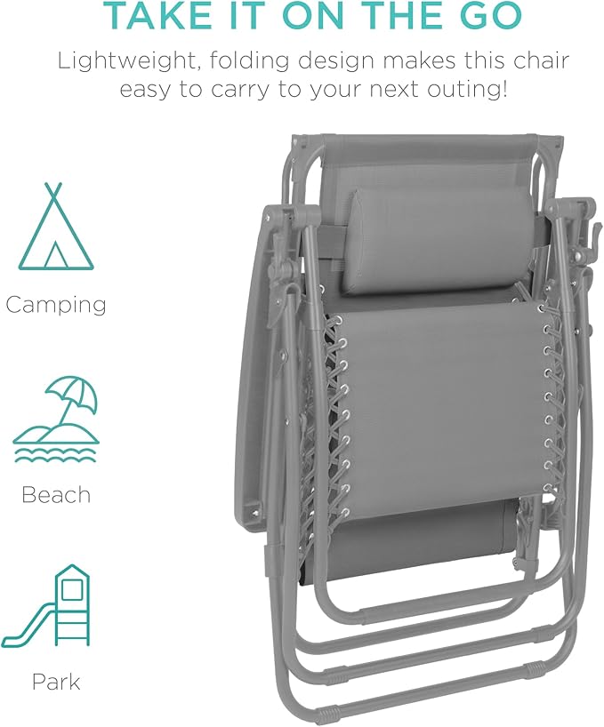 Best Choice Products Folding Zero Gravity Outdoor Recliner Patio Lounge Chair w/Adjustable Canopy Shade, Headrest, Side Accessory Tray, Textilene Mesh - Dove Gray BestChoiceProducts