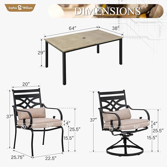 Sophia & William Outdoor Patio Dining Set for 6 | Outdoor Table and Chairs | Removable Seat Cushions | 4 Fixed Chairs | 2 Swivel Patio Dining Chairs | 64" Metal Tabletop with Wood Texture SophiaWilliam