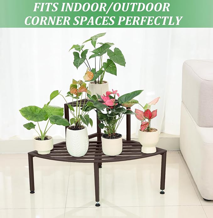 Corner Plant Stand Outdoor Metal,2 Tier Heavy Duty Ladder Plant Shelf Indoor for Multiple Plants,37.08" L x 22.83" W x 20.07" H,Coffee Dipion