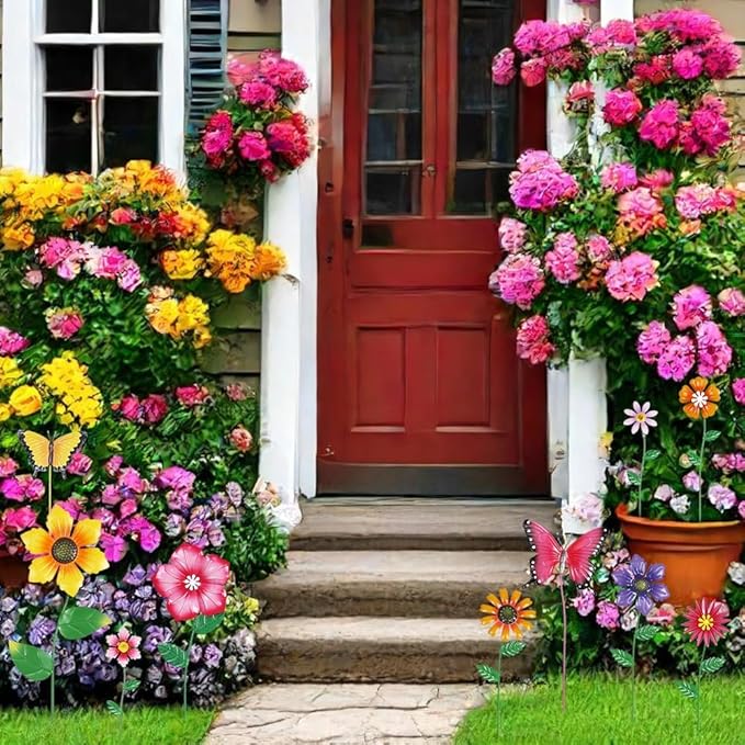 hogardeck Garden Decor for Outside, Set of 10 Metal Flowers Decorative Garden Stakes for Spring Decor, Yard Art Garden Decorations for Outdoor Lawn Porch Pathway (Multi-Color) (Color b) HOGARDECK