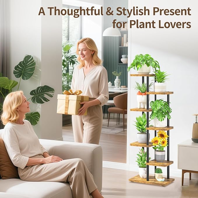 LASZOLA Black 6 Tiered Wood Plant Stand Indoor for Larger Heavy Duty Planter, Sturdy Multi Level Vertical Flowers Racks for Narrow Inside Floor, Decorate Shelving for Hold House Tree, Space Saving LASZOLA