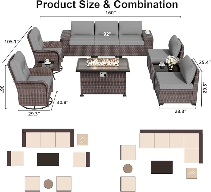 ALAULM 10 Pieces Outdoor Patio Furniture Set with 2 Swivel Chairs Outdoor Furniture Patio Sectional Sofas with 55000 Gas Fire Pit Patio Conversation Set w/7 Cushions-Grey ALAULM