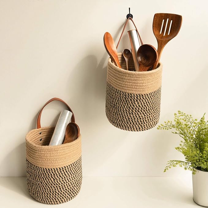 Goodpick 2pack Jute Rope Hanging Basket - 7.87" x 7" Small Woven Fern Wall Hanging Basket Flower Plants, Woven Storage, Black and Jute Goodpick
