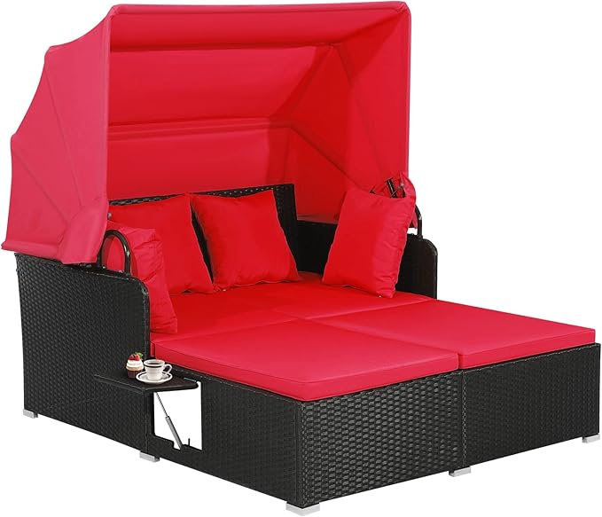 COSTWAY Outdoor Daybed with Retractable Canopy, Wicker Patio Furniture Set with Cushioned Pillows, Patio Rattan Daybed for Deck, Backyard, Poolside (Red) COSTWAY