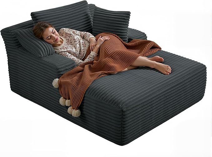 67 Inch Chaise Lounge Chair Indoor, Oversized Corduroy Upholstered Boneless Sofa Bed, Deep Seat Sleeper Couch Reading Chairs, Cloud Sofas Couches for Living Room, No Assembly Required (Dark Grey) HANXIN