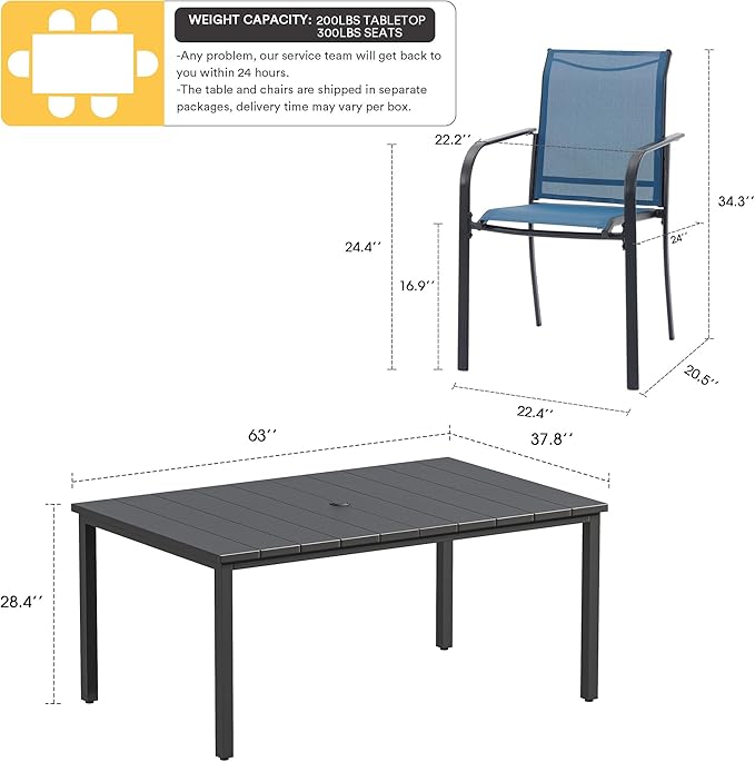 VICLLAX Patio Dining Set for 6, Outdoor Furniture Set Includes 63" Rectangle Patio Table and 6 Patio Stackable Chairs, Outdoor Table and Chairs for Outsides, Black Tabletop and Blue Fabric HOME