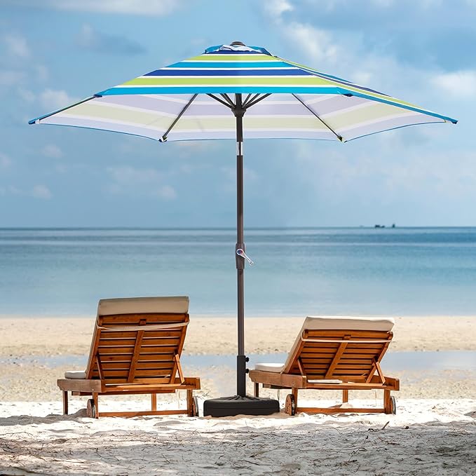JEAREY 7.5FT Patio Umbrella Market Table Umbrella with 6 Sturdy Ribs, Push Button Tilt/Crank Outdoor Umbrella for Garden, Deck, Backyard, Pool and Beach,Bold Blue-Green Stripe JEAREYOutdoorsCollection