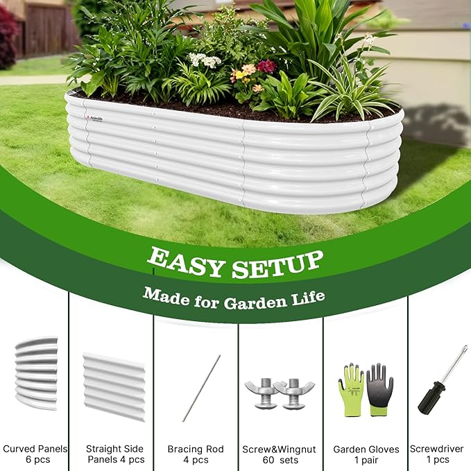 A ANLEOLIFE 8X4X1.5 ft Galvanized Raised Garden Beds Outdoor, Oval Large Metal Planter Box for Planting Vegetables Flowers Herb, Anti-Rust & Easy-Setup, Antique White AAnleolife