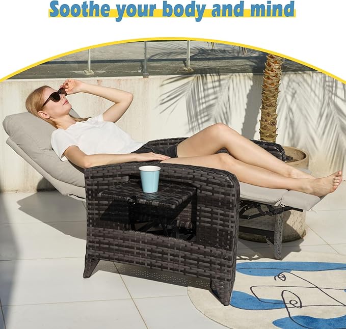 Outdoor Recliner Chairs Set of 2 Reclining Patio Chairs with Adjustable Back and Extended Footrest Wicker Rattan Recliner Chairs with Flip Table and Removable Cushion zzw