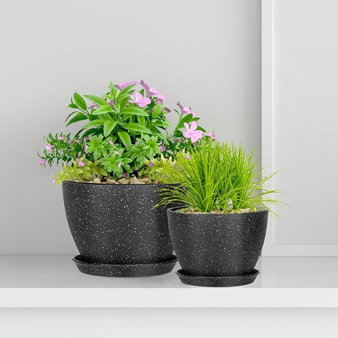5 Pcs Plant pots, 7.5/6.5/5.7/4.9/4.1 inch Pots for Plants, Flower Pot Indoor Modern Decorative Plant Pot, Plant Pots Indoor with Drainage and Saucer for All House Plants (Drainage Set of 5 Black) LOKEISNA