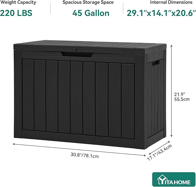 YITAHOME 45 Gallon Deck Box, Outdoor Storage Box for Patio Cushions, Outdoor Tools, Gardening Tools, Sports Equipment, and Throw Pillows, Lockable and Waterproof, Black YITAHOME