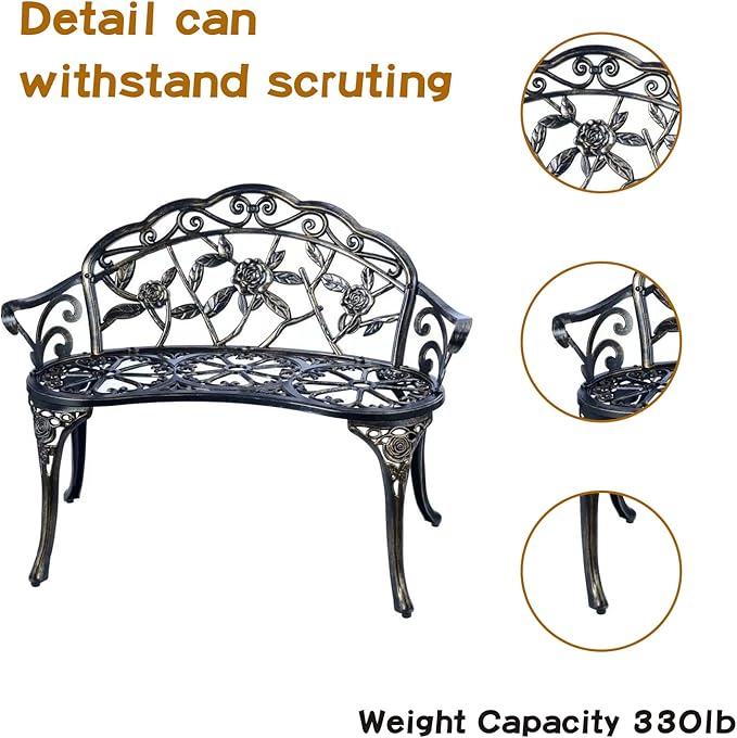 JARDIN DE CENTENNIAL Patio Garden Bench Metal Park Bench Cast Aluminum Outdoor Furniture with Floral Rose for Patio,Park,Lawn,Yard (Copper) JARDINDECENTENNIAL