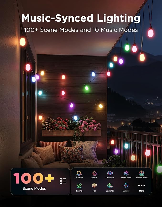 Govee S14 Bulb Outdoor String Lights 2, 96ft Smart RGBIC Warm White Patio Lights with 15 LED Bulbs, 111 Scene Modes for Outdoor Decor, Upgraded IP66 Compatible with Alexa, Google, Matter, APP Control Govee