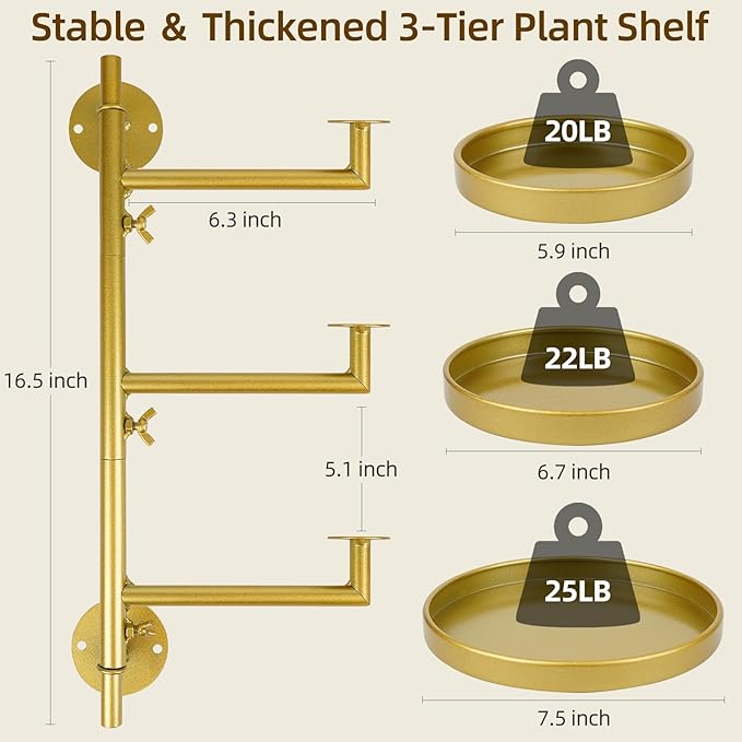 Rotating Window Plant Shelves with Adjustable Knobs, 3 Tiers Metal Wall Shelf for Plants Indoor, Sturdy Hanging Plant Holder, Window Wall Decor & Gardening Gifts (Golden) Rootora