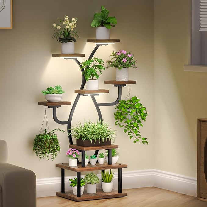 Plant Stand Indoor with Grow Light, 8 Tiered 48" Small Plant Shelf, Corner Plant Stand Stand for Indoor Plants Multiple, Metal Humen-Shaped Plant Flower Holder, for Living Room, Patio, Balcony Tovve