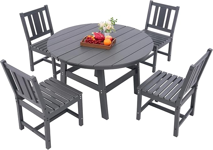 AMERLIFE 5 Piece HDPE Outdoor Dining Table & Chairs Set, All-Weather Patio Table and Chairs Set Furniture with Umbrella Hole for Garden, Backyard, Poolside, Seaside, Gray AMERLIFE