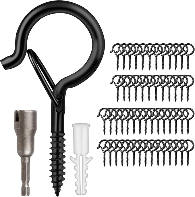 48 PCS Q-Hanger Hooks, Screw Hooks for Outdoor String Lights, Safety Buckle Design Cup Eye Hook for Hanging Christmas Lights, Plants, Wind Chimes, Mounted on Wall Ceiling, Include 1 Wing Nut Driver FSAH