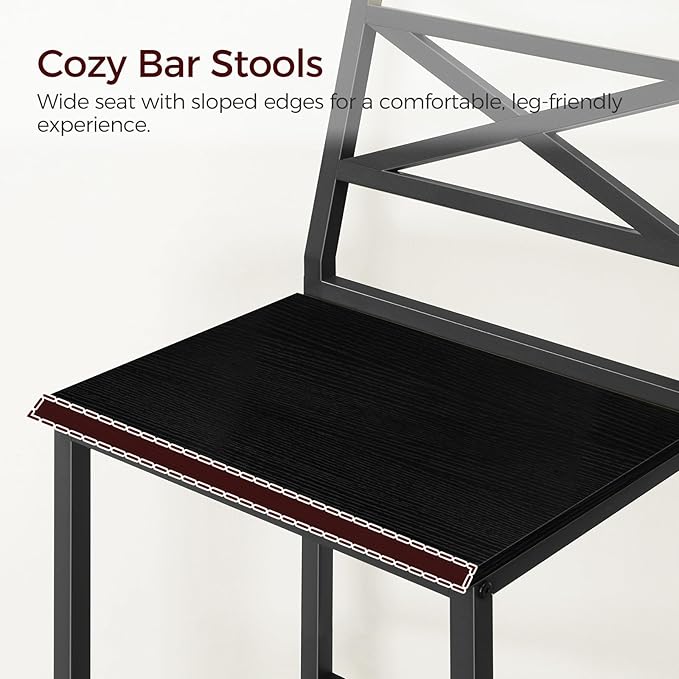 Bar Stools, Set of 2 Bar Chairs with Backrest and Footrest, 26" Tall Counter Bar Stools, Kitchen Breakfast Bar Chairs, Easy Assembly, for Dining Room, Black BAHB0901N1 MAHANCRIS