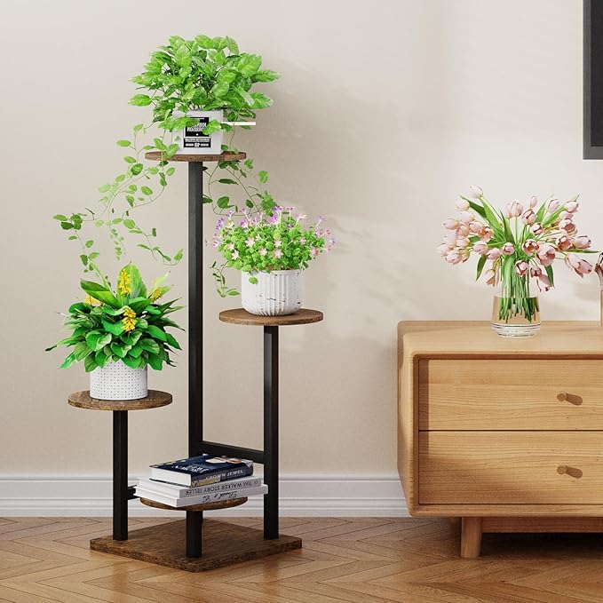 Plant Stand Indoor with Grow Light,4-Tiered Tall Plant Stand Indoor, Metal Plant Shelf with Adjustable Light, Ideal for Living Room, Garden, Patio (Black Brown) Homsorout