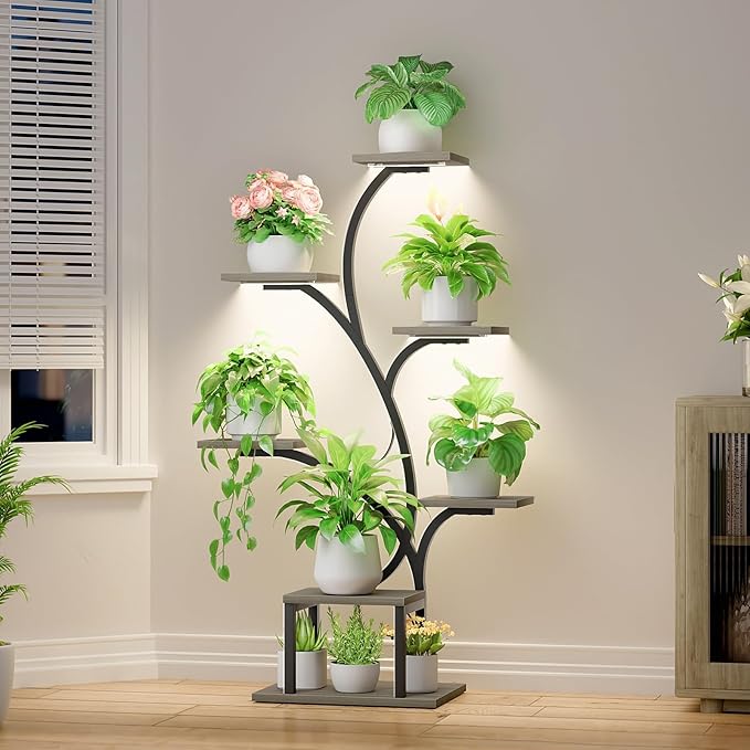 Plant Stand Indoor with Grow Lights, 7 Tiered Indoor Plant Shelf, 49" Corner Plant Stands for Indoor Plants, Metal Plant Flower Display Shelf, Tree-Shaped Plant Rack for Home, Patio, Grey BACEKOLL