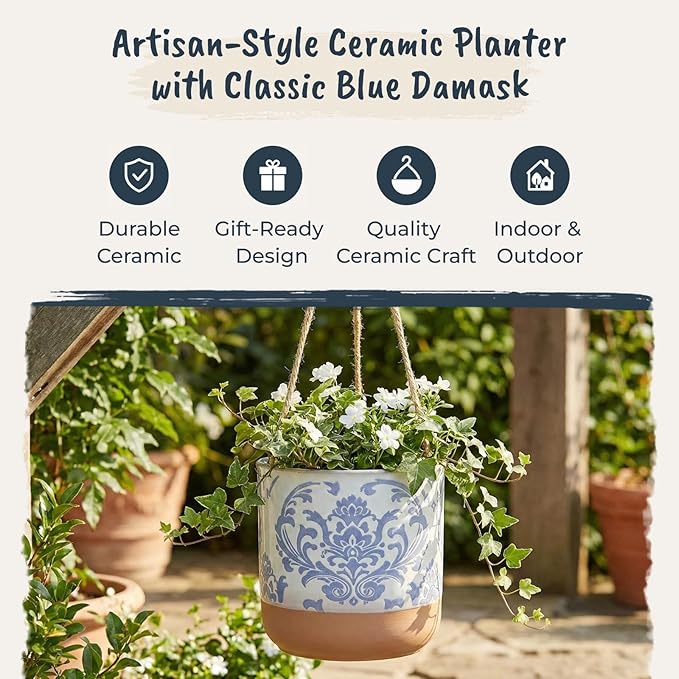 Blue Sky Clayworks 5" Hanging Chantel Blue Planter, Ceramic, 6" x 6" x 5", Soft Blue Damask & Clay Foot BlueSkyClayworks