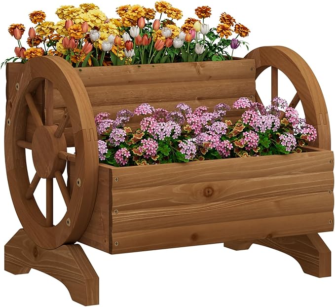 Wooden Wagon Planter Flower Cart with Wheels Garden Box Garden Planter, Decorative Planter for Flowers Herbs Vegetables for Indoor & Outdoor Décor Flower Cart for Patio Garden Balcony (Brown) PULIJIAJU