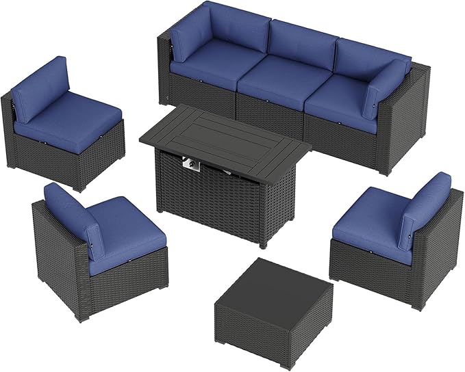 Aoxun 8 Piece Patio Furniture Set with 44” Fire Pit Table, Wicker Rattan Patio Sectional Sofa, Outdoor Furniture Set with Thickened Cushion, Blue Aoxun