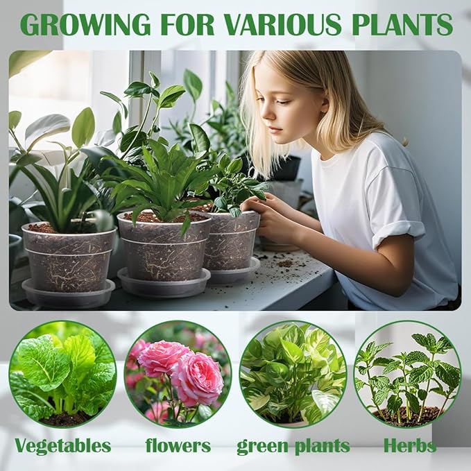 12 Pack 7 Inch Clear Nursery Pots with Saucer, Transparent Plastic Plant Pots with Drainage Holes, Sturdy Plant Starter Pots, Planter Pot for Planting Succulent Flower Herb Vegetable, Gardening Gifts BTPLASTIK