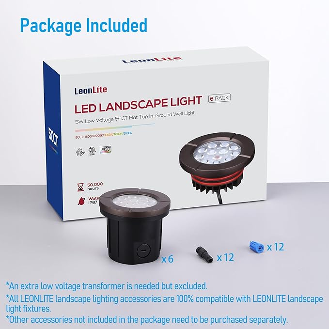 LEONLITE Dia. 4 Inch 5CCT Well Lights Landscape LED In Ground, 5 Color Temperature Selectable, 12-24V AC/DC CRI90 Low Voltage Outdoor Garden Landscaping, Aluminum Housing, Oil Rubbed Bronze, Pack of 6 LEONLITE