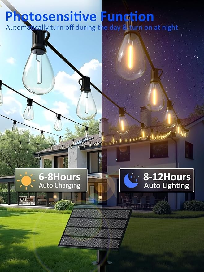 luckystyle 50FT Solar String Lights Outdoor Waterproof 2200K with Remote & USB Charging, 18+1 LED Shatterproof Bulbs, Dimmable & Timable, 3 Light Modes, Long Last for Garden,Patio, Backyard, Camping luckystyle