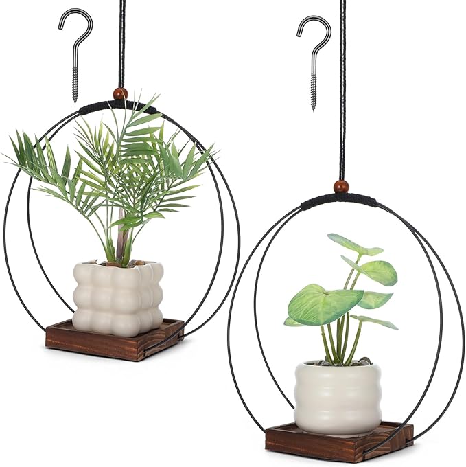 2 Pack Hanging Planters for Indoor Outdoor Plants, 12 Inch Sturdy Wood Base Metal Plant Hanger Modern Boho Minimalist Flower Pot Holder Basket Wall Ceiling Window Stands Home Wall Decor Rootora