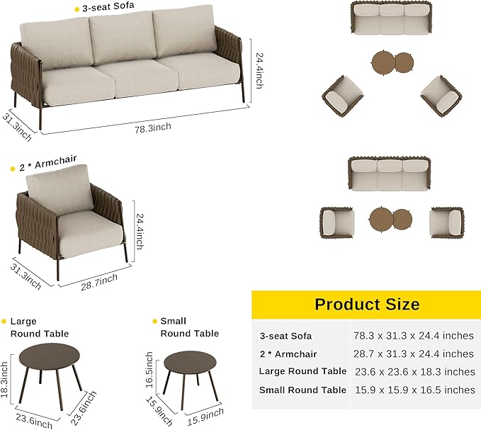 EAST OAK Life Chatter Patio Furniture Set 5 Pieces, Outdoor Furniture 5-Seat Sofa with Two Round Coffee Table, Waterproof Thick Cushion Deep Seating for Porch, Balcony, Chestnut Brown & Creamy Apricot EASTOAK