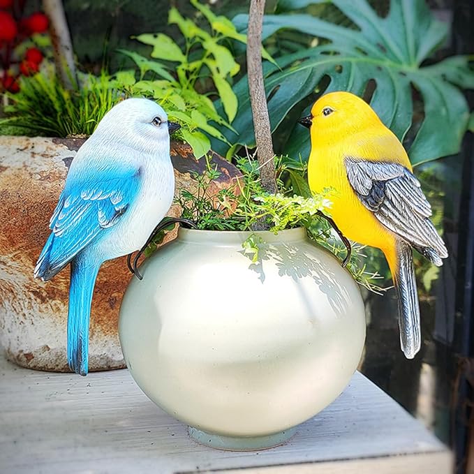Garden Bird Statue Flower Pot Hugger Outdoor Decor for Tree, 6.7" Tall Resin Bird Figurine Plant Pot Decorations for Fence Balcony Patio Lawn Yard Ornaments (Yellow) JARPSIRY