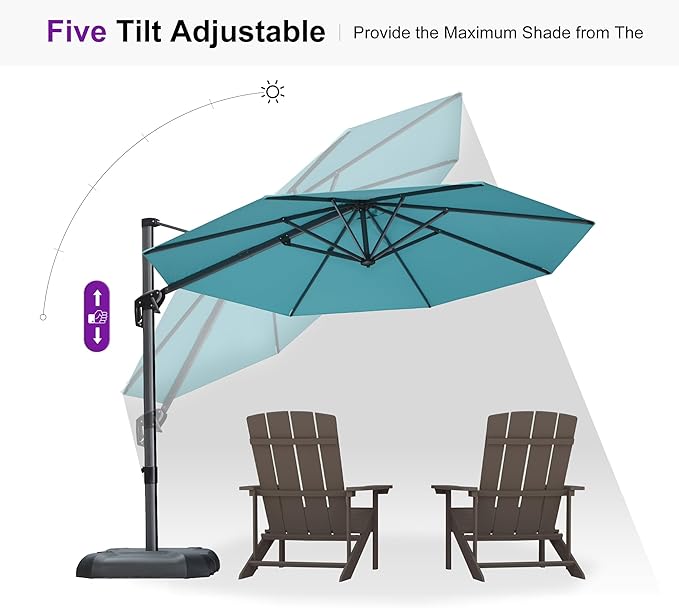 PURPLE LEAF 10 Feet Patio Umbrella with Base and Cover Round Outdoor Cantilever Umbrella Aluminum Offset Umbrella with 360-degree Rotation for Garden Deck Pool Patio Turquoise Blue PURPLELEAF