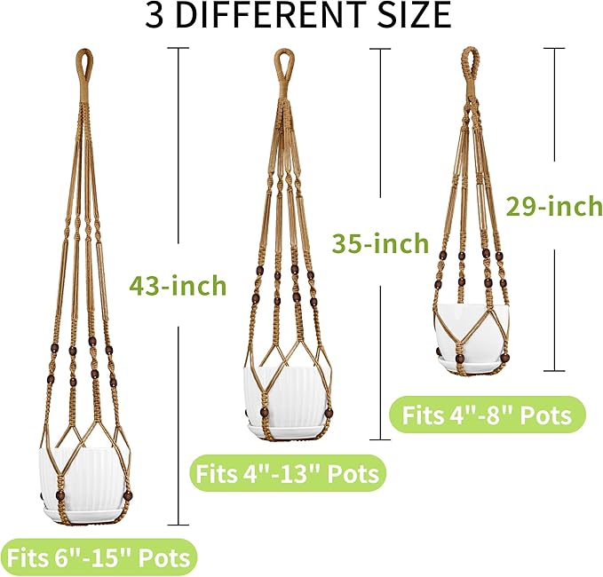 Macrame Plant Hanger - Fits 4 to 15 inches Pots for Indoor Outdoor, 43"/35"/29" Different Sizes Set, Brown (POTS NOT Included) IDEEEPAN