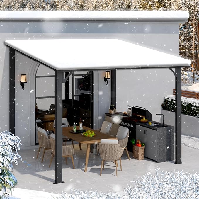 AECOJOY 10' x 10' Hardtop Gazebo Outdoor Pergola, Heavy Duty Lean to Metal Pergolas and Gazebos Clearance, Wall-Mounted Grill Gazebo Galvanized Steel Patio Roof Awnings for Patio, Decks AECOJOY