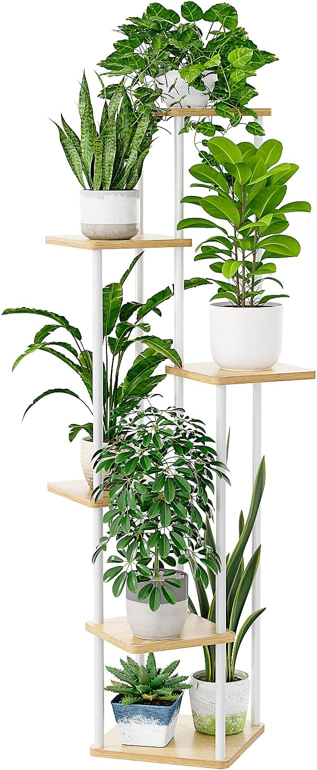 Bamworld White Plant Stand Indoor 6 Tier Metal Plant Shelf for Multiple Plants Tall Flower Stand for Patio Garden Balcony Living Room Bedroom Bamworld
