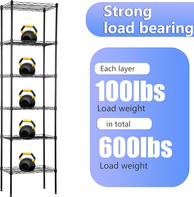 BestOffice | 6-Tier Wire Storage Shelves | 17x12x64 | Black | with Adjustable Racks | Heavy-Duty Metal Shelf, Holds Upto 600 lbs | No-Tool Assembly | Ideal for Home & Garage Shelving BestOffice