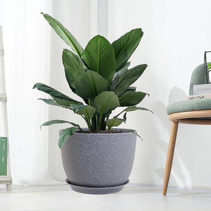 12inch Large Plant Pot, Modern Plastic Planter with High Driange Holes and Saucer for Indoor Outdoor Garden Plants and Flowers, Grey Speckles UOUZ