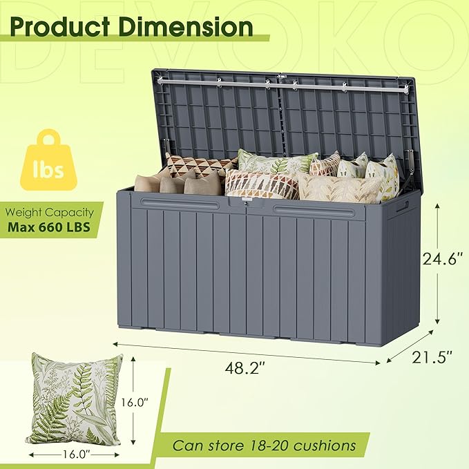 Devoko 100 Gallon Outdoor Storage Box, Waterproof Resin Deck Box for Patio Furniture, Lockable Container for Garden Cushions & Pool Supplies (Gray, 100 Gallon) DEVOKO