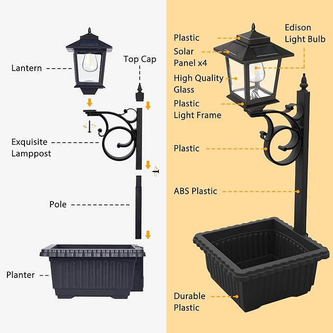 PASAMIC 2 in 1 Outdoor Flower Pots for Real or Fake Flowers, Solar Lamp Post Lights - Wall Mount or Freestanding, Waterproof Decorative Lamp for Lawn, Patio, Front/Back Door PASAMIC