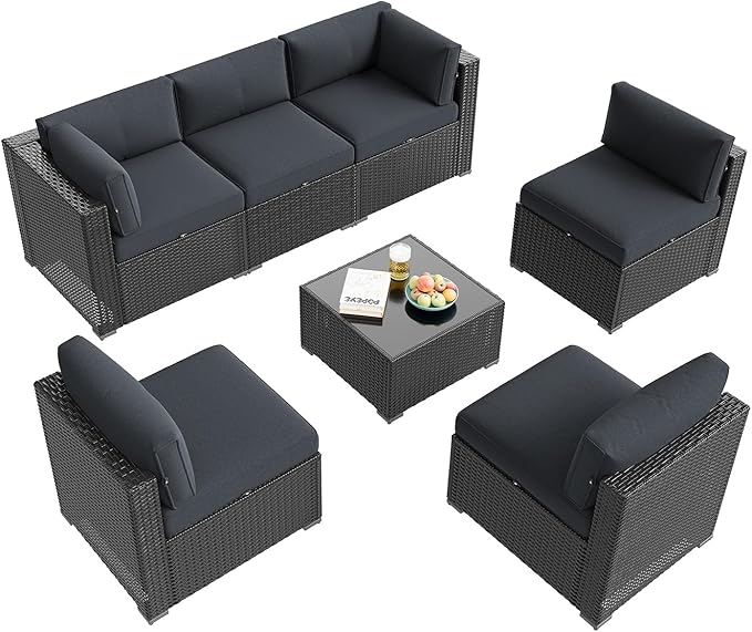 Aoxun Patio Furniture Set, 7 Piece Outdoor Sectional Sofas with Waterproof Cover, Wicker Rattan Outdoor Furniture Patio Conversation Set for Backyard, Garden Dark Grey Aoxun