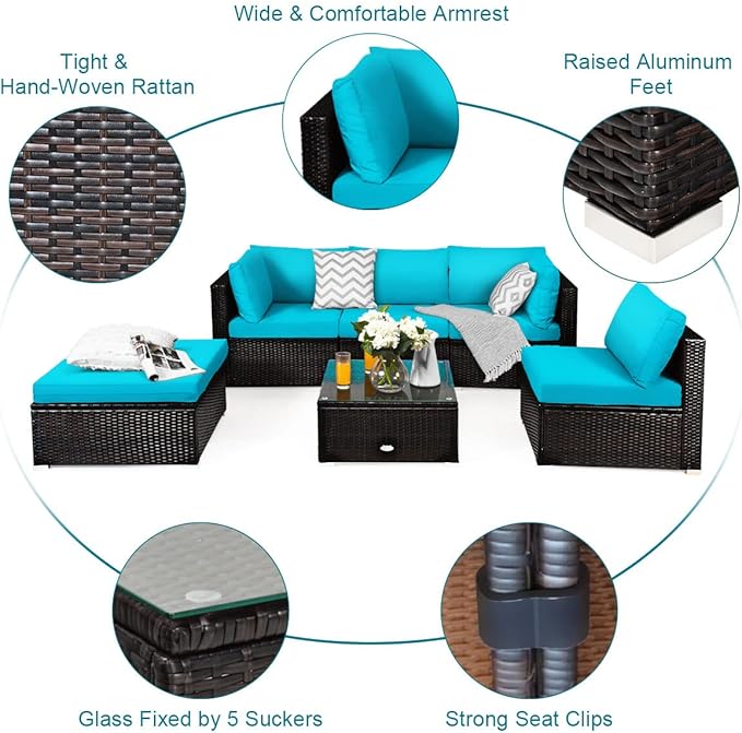 Tangkula 6 Piece Patio Furniture Set, Outdoor Deck Lawn Backyard Durable Steel Frame PE Rattan Wicker Sectional Sofa Set, Conversation Set with Coffee Table (Turquoise) TANGKULA