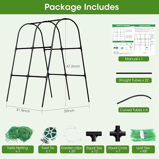 Cucumber Trellis for Raised Bed,U-Shape Garden Trellis for Climbing Plants Outdoor, Metal Arch Vegetables Trellis, Plant Support for Vine (Black, 31.5" Lx21.6 Wx47.2 H-Small) MQHUAYU