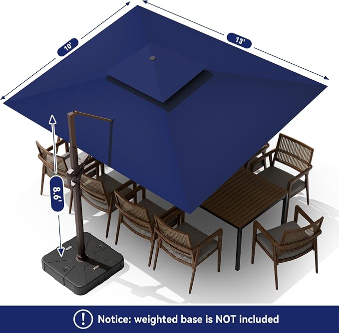 10 X 13 FT Cantilever Outdoor Patio Umbrella with Base Included Large Heavy Duty 360° Rotation Double Top Offset Rectangular Umbrellas with Led Lights for Backyard Outside Deck, NAVY MEVBC