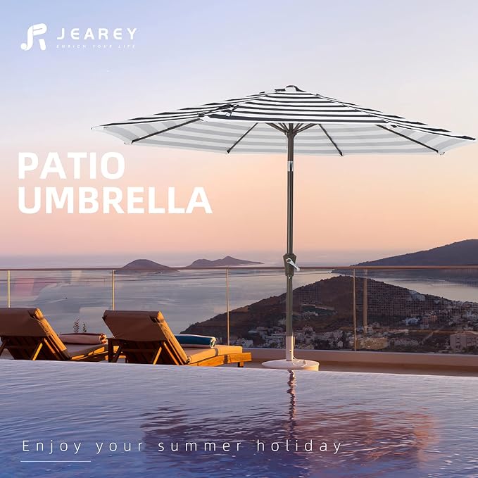 JEAREY 9FT Outdoor Patio Umbrella Outdoor Table Umbrella with Push Button Tilt and Crank, Market Umbrella 8 Sturdy Ribs UV Protection Waterproof for Garden, Deck, Backyard, Pool (Black & White Stripe) JEAREYOutdoorsCollection