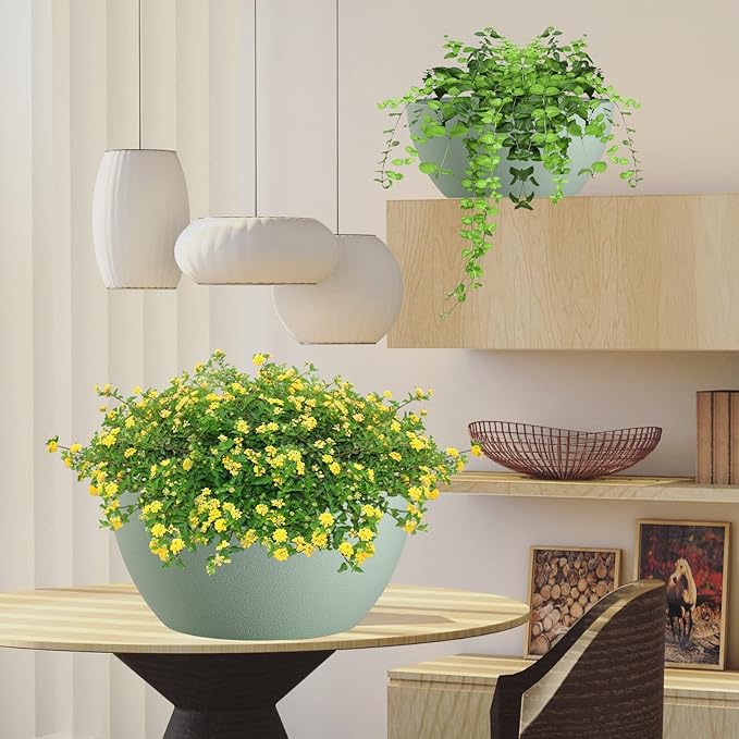 13 inch Large Hanging Planters Plant Pots for Outdoor Indoor Plants with Drainage Holes and Chain, 2 Pack Round Hanging Flower Pots for Garden Home Porch Decor, Green WSMKSZ
