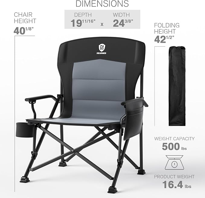 EVER ADVANCED Oversized Folding Camping Chair for Adults, Heavy Duty Lawn Chair with Side Pockets, Portable Collapsible Quad Chair for Outside, Support Up to 500lbs, Black EVERADVANCED